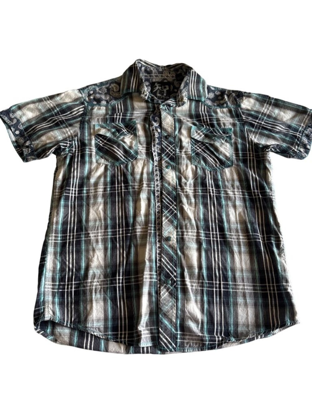 Western Snap Button Plaid Paisley Shirt Short Sleeve Turquoise White Size XL Men